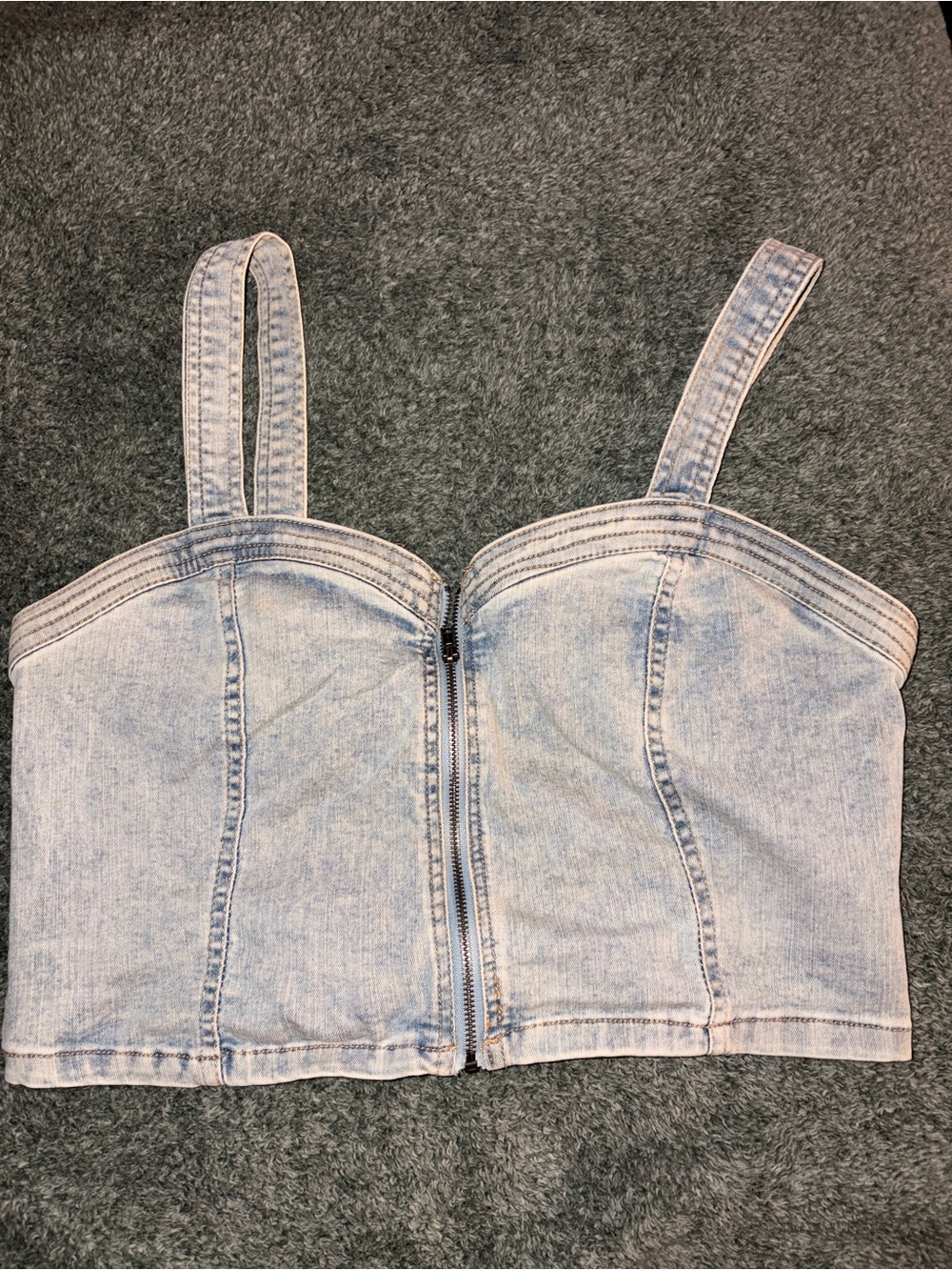 Light Wash Denim Zip-Front Crop Top